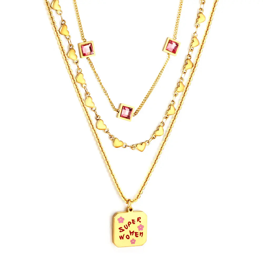 Stainless Steel Square Letter Accessories + Heart-Shaped Chain + 3 Square Pink Diamonds Three Chain Necklace asonjewelry