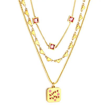 Stainless Steel Square Letter Accessories + Heart-Shaped Chain + 3 Square Pink Diamonds Three Chain Necklace asonjewelry
