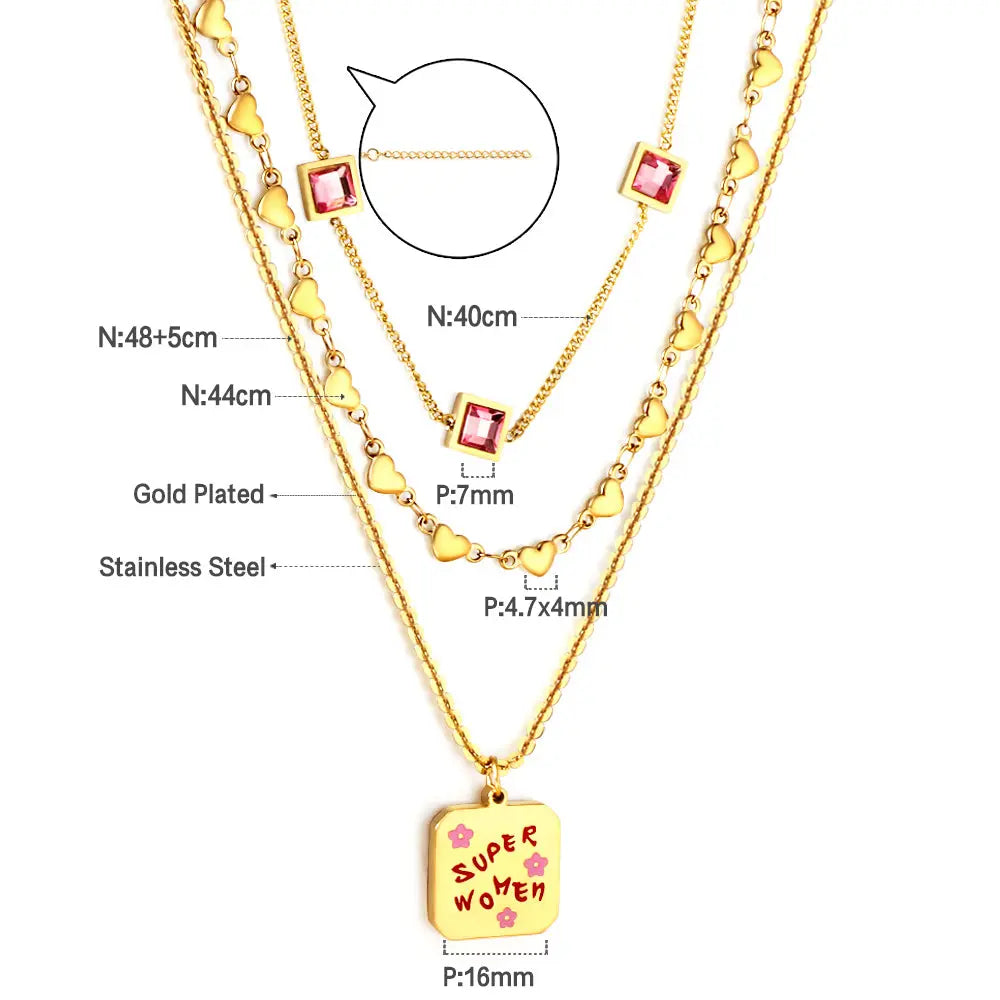 Stainless Steel Square Letter Accessories + Heart-Shaped Chain + 3 Square Pink Diamonds Three Chain Necklace asonjewelry