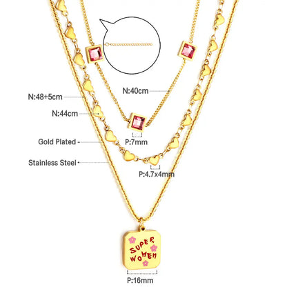 Stainless Steel Square Letter Accessories + Heart-Shaped Chain + 3 Square Pink Diamonds Three Chain Necklace asonjewelry