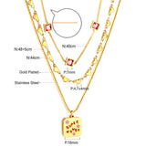 Accesorios de letras cuadradas de acero inoxidable + Cadena en forma de corazón + Collar cuadrado de tres cadenas con 3 diamantes rosas