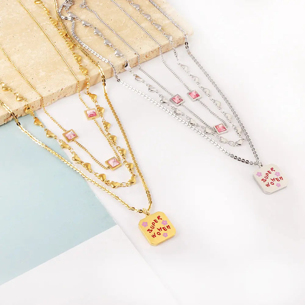 Stainless Steel Square Letter Accessories + Heart-Shaped Chain + 3 Square Pink Diamonds Three Chain Necklace asonjewelry
