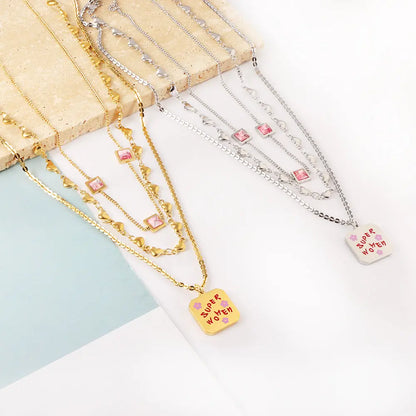 Stainless Steel Square Letter Accessories + Heart-Shaped Chain + 3 Square Pink Diamonds Three Chain Necklace asonjewelry
