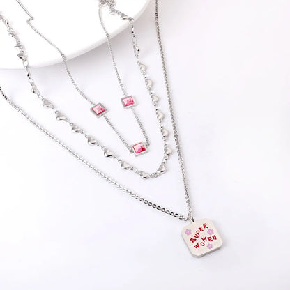 Stainless Steel Square Letter Accessories + Heart-Shaped Chain + 3 Square Pink Diamonds Three Chain Necklace asonjewelry