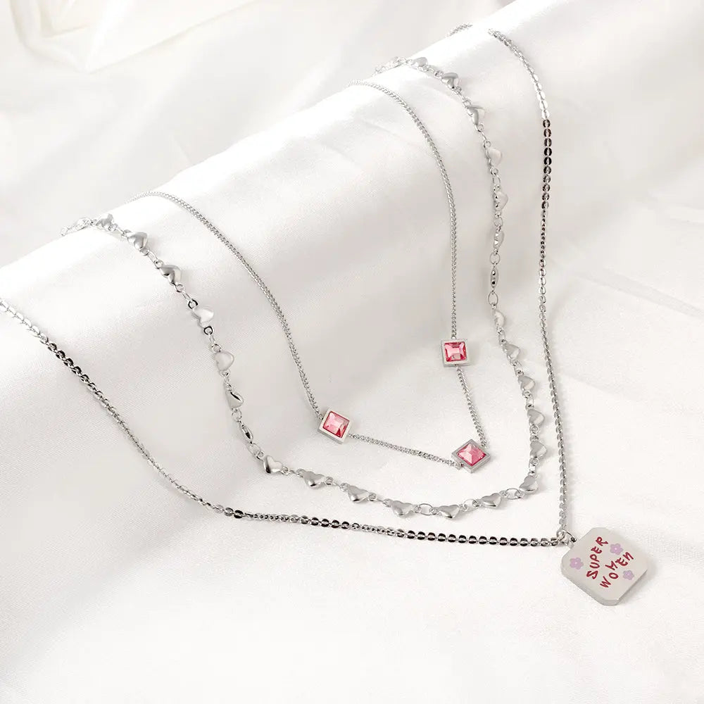 Stainless Steel Square Letter Accessories + Heart-Shaped Chain + 3 Square Pink Diamonds Three Chain Necklace asonjewelry