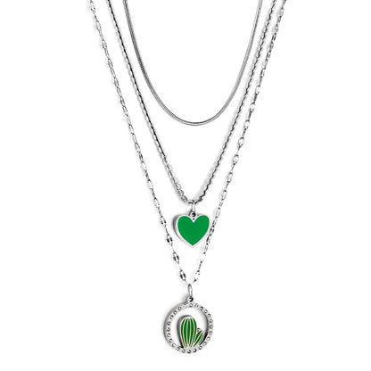 Stainless Steel Green Heart-shaped Accessories + Circle With Diamonds + Green Cactus Three Chain Necklace asonjewelry