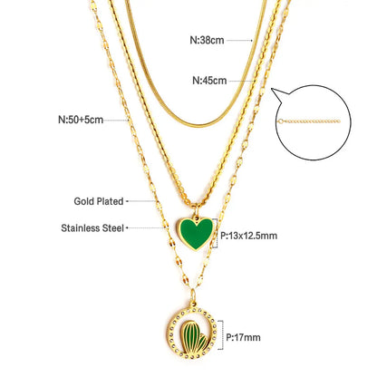 Stainless Steel Green Heart-shaped Accessories + Circle With Diamonds + Green Cactus Three Chain Necklace asonjewelry