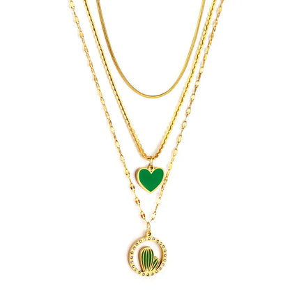 Stainless Steel Green Heart-shaped Accessories + Circle With Diamonds + Green Cactus Three Chain Necklace asonjewelry