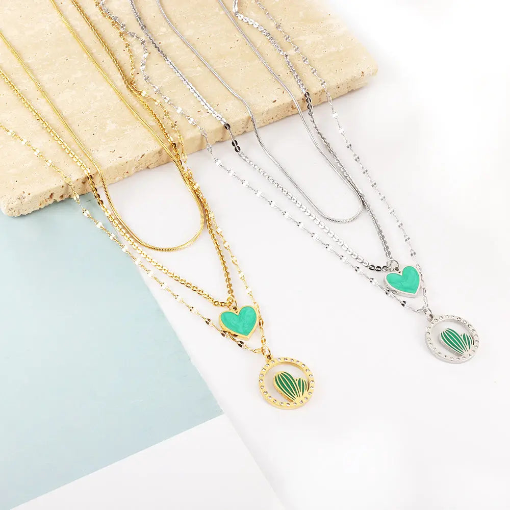 Stainless Steel Green Heart-shaped Accessories + Circle With Diamonds + Green Cactus Three Chain Necklace asonjewelry