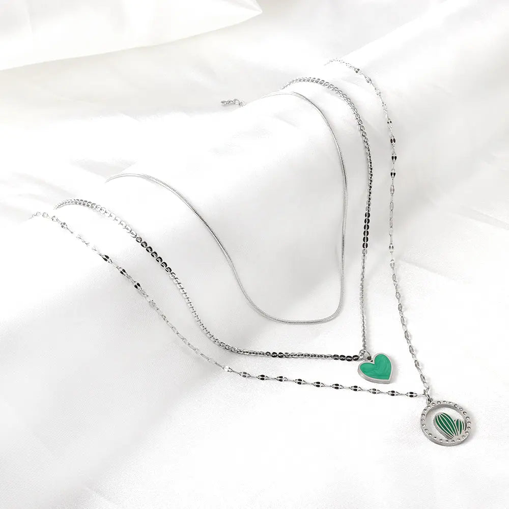 Stainless Steel Green Heart-shaped Accessories + Circle With Diamonds + Green Cactus Three Chain Necklace asonjewelry