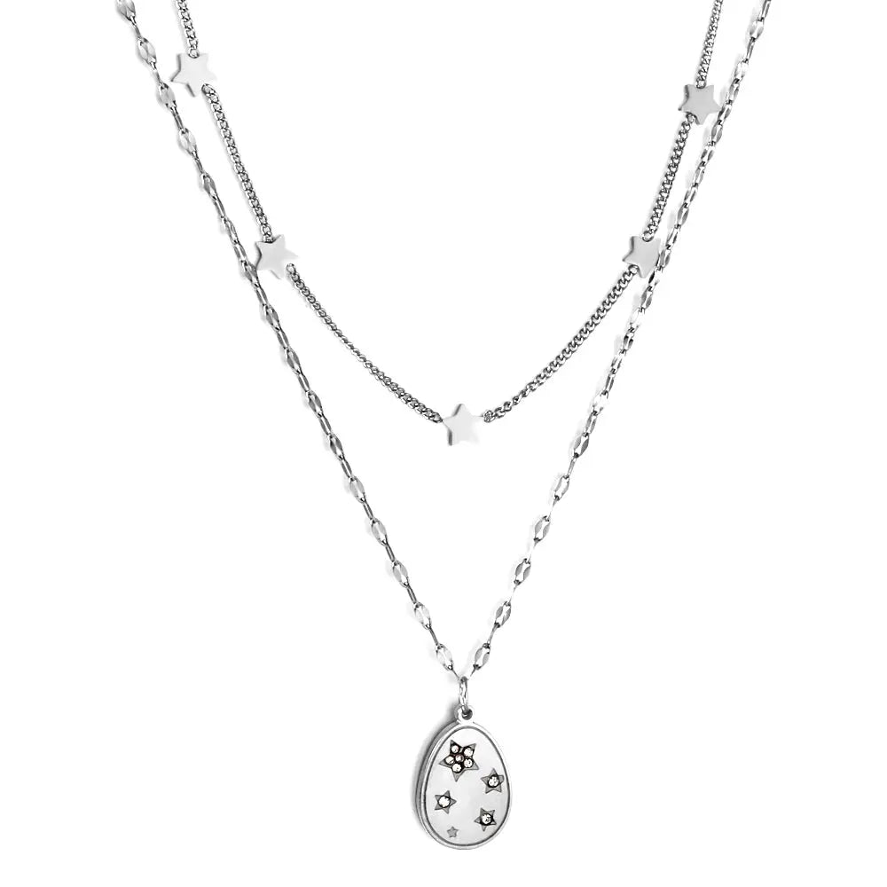 Stainless Steel 5 Stars Accessories + Oval with Diamond Pendant Double Chain Necklace asonjewelry