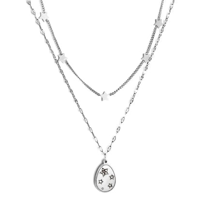 Stainless Steel 5 Stars Accessories + Oval with Diamond Pendant Double Chain Necklace asonjewelry