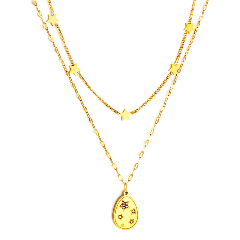 Stainless Steel 5 Stars Accessories + Oval with Diamond Pendant Double Chain Necklace