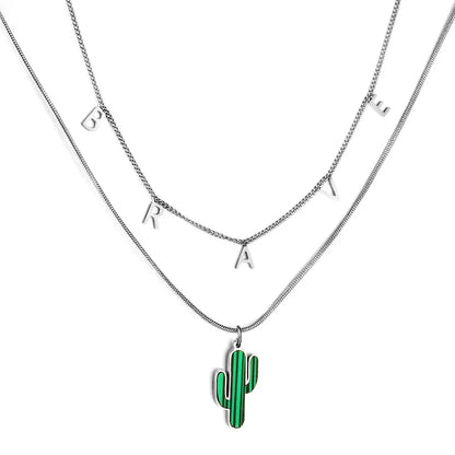 Stainless Steel BRAVE Letter Accessories + With Green Cactus Double Chain Necklace asonjewelry