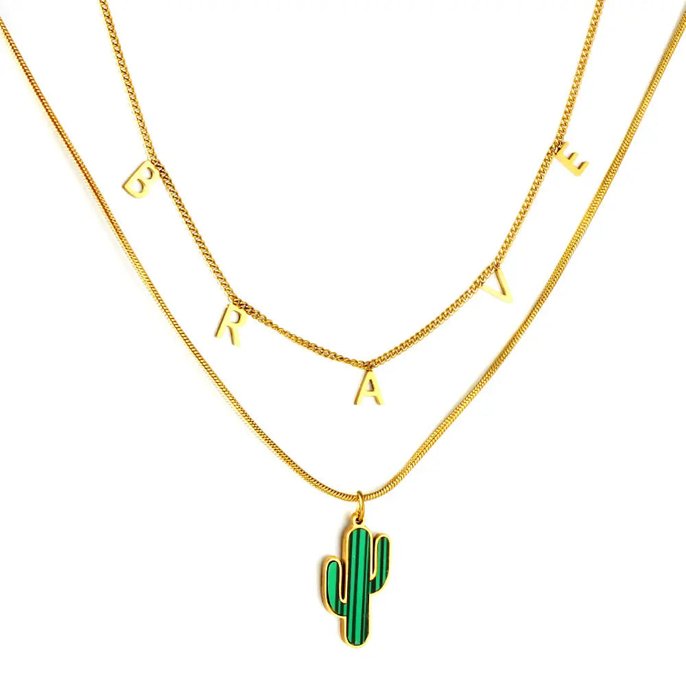 Stainless Steel BRAVE Letter Accessories + With Green Cactus Double Chain Necklace asonjewelry