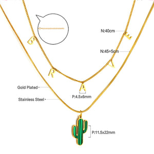 Stainless Steel BRAVE Letter Accessories + With Green Cactus Double Chain Necklace