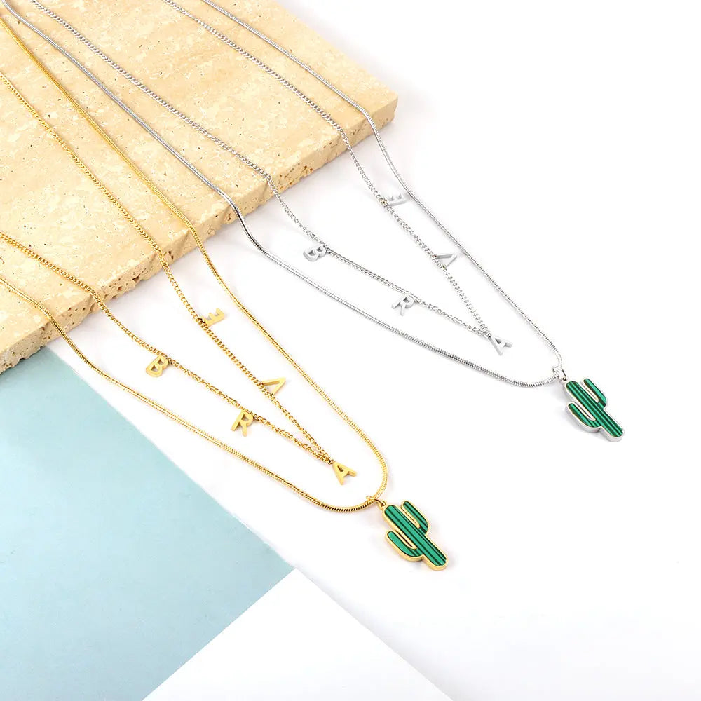 Stainless Steel BRAVE Letter Accessories + With Green Cactus Double Chain Necklace asonjewelry