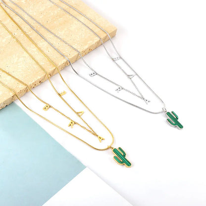 Stainless Steel BRAVE Letter Accessories + With Green Cactus Double Chain Necklace asonjewelry
