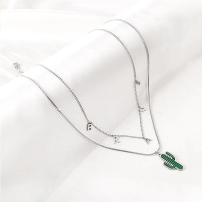 Stainless Steel BRAVE Letter Accessories + With Green Cactus Double Chain Necklace asonjewelry