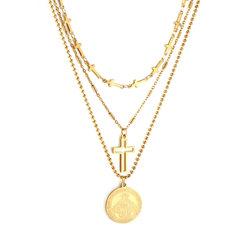Stainless Steel Round Accessories With Pattern + Cross Accessories + Cross With Chain Three Chains Necklace