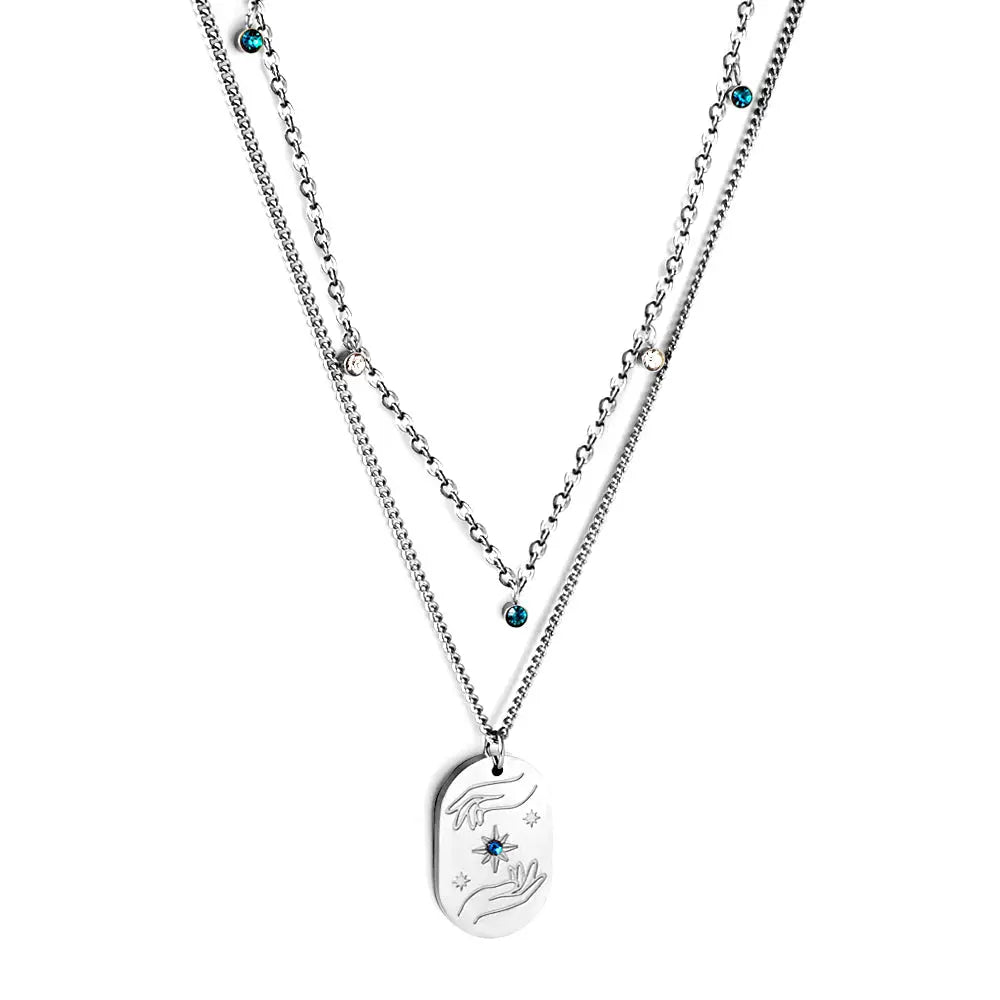 Stainless Steel Oval Hands + Blue Diamond Accessories + 5 Mixed Color Diamonds Double Chain Necklace asonjewelry