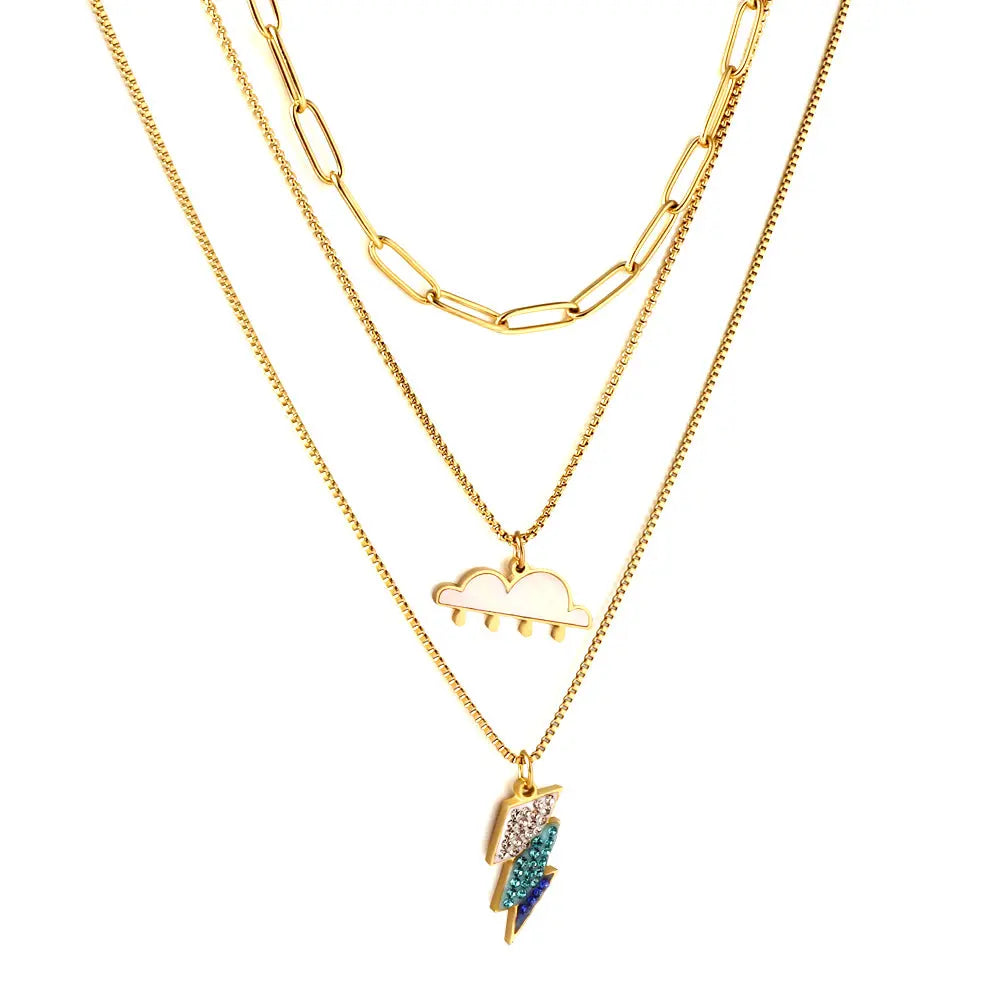 Stainless Steel Mixed Color Lightning + Cloud with Rain Accessories + Chain Three Chain Necklace asonjewelry