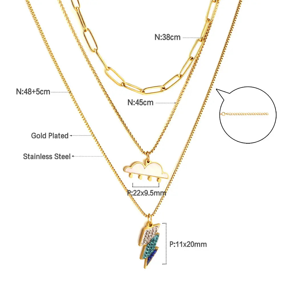 Stainless Steel Mixed Color Lightning + Cloud with Rain Accessories + Chain Three Chain Necklace asonjewelry
