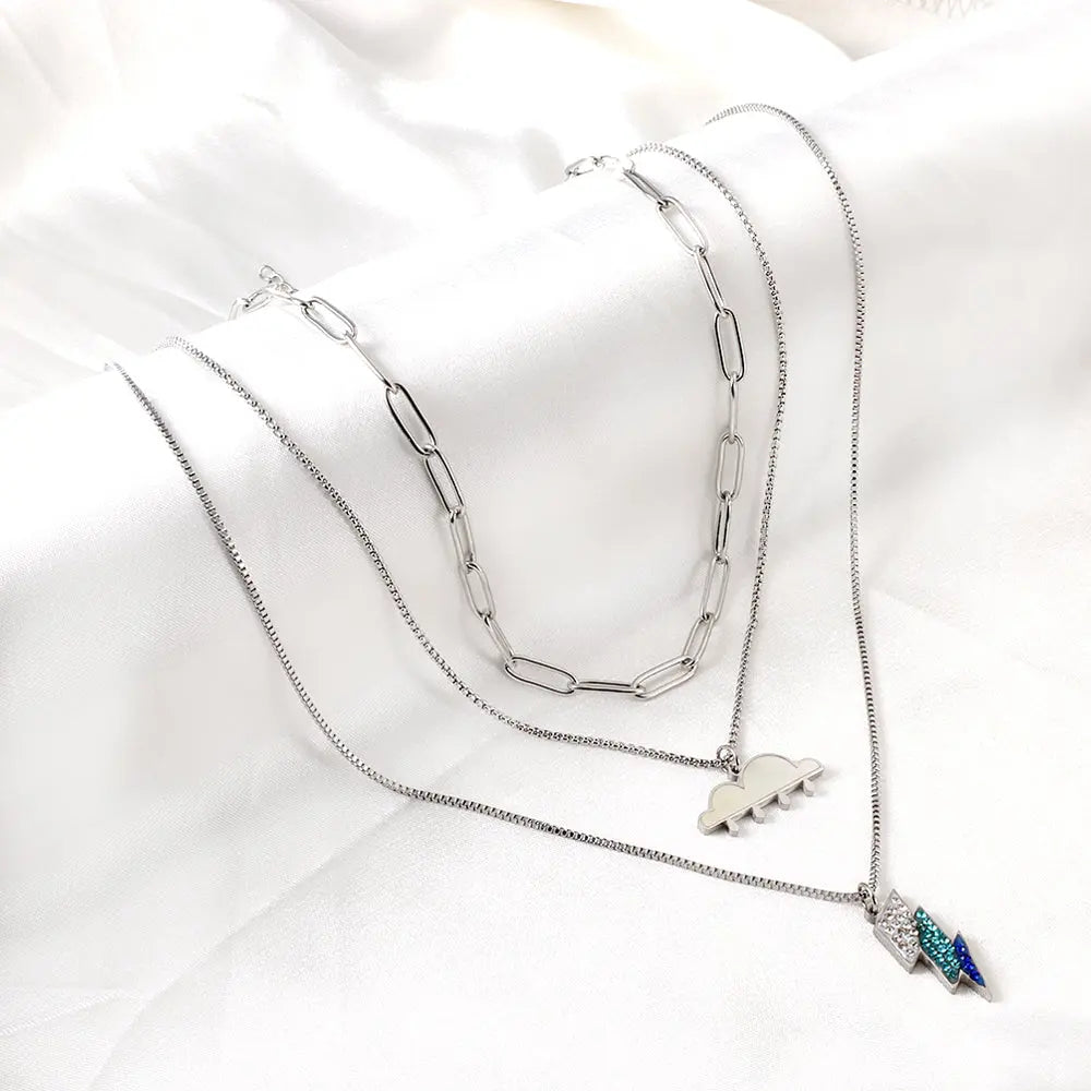Stainless Steel Mixed Color Lightning + Cloud with Rain Accessories + Chain Three Chain Necklace asonjewelry