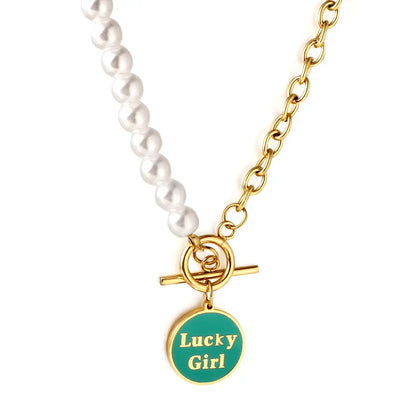 Stainless Steel LuckyGirl Round Accessories Green Drip Oil + Half White Pearl Necklace asonjewelry