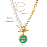 Stainless Steel LuckyGirl Round Accessories Green Drip Oil + Half White Pearl Necklace