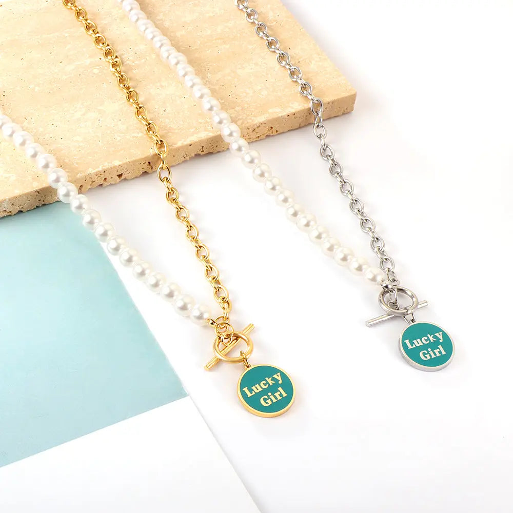 Stainless Steel LuckyGirl Round Accessories Green Drip Oil + Half White Pearl Necklace asonjewelry