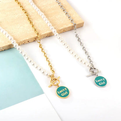 Stainless Steel LuckyGirl Round Accessories Green Drip Oil + Half White Pearl Necklace asonjewelry