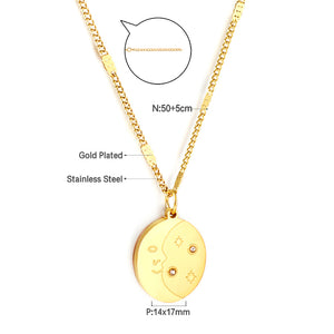 Stainless Steel Oval With Moon and Star Pattern+Diamond Accessories Necklace