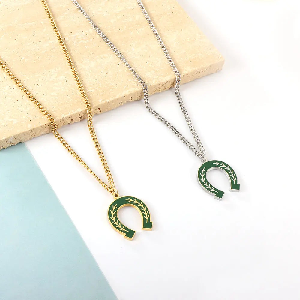 Stainless Steel Green Drop Oil Open Oval Willow Leaf Pattern Accessory Necklace asonjewelry