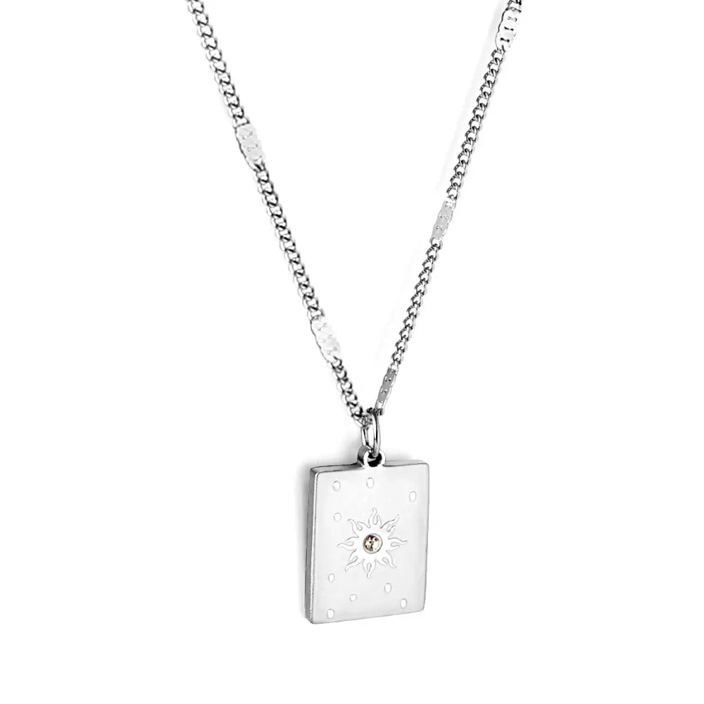 Stainless Steel Rectangle With Sun Pattern + Diamond Accessories Necklace asonjewelry