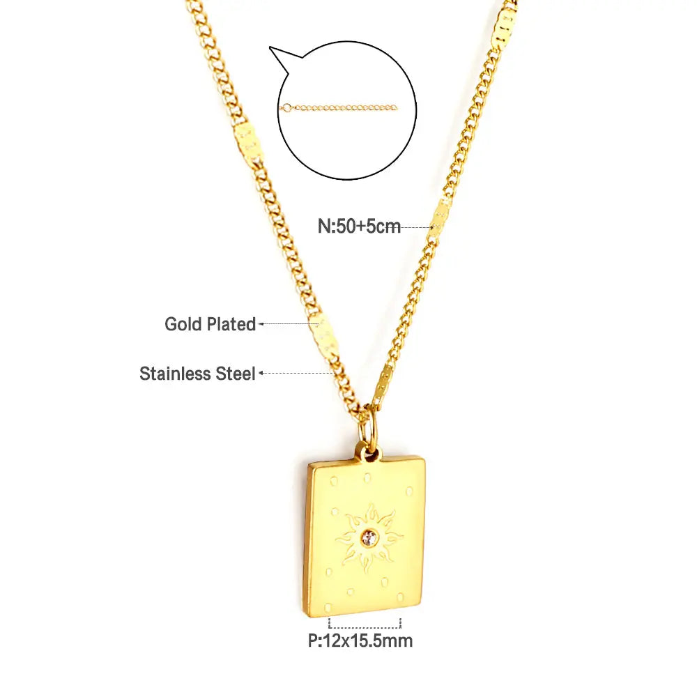 Stainless Steel Rectangle With Sun Pattern + Diamond Accessories Necklace asonjewelry