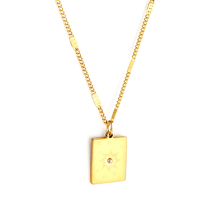 Stainless Steel Rectangle With Sun Pattern + Diamond Accessories Necklace