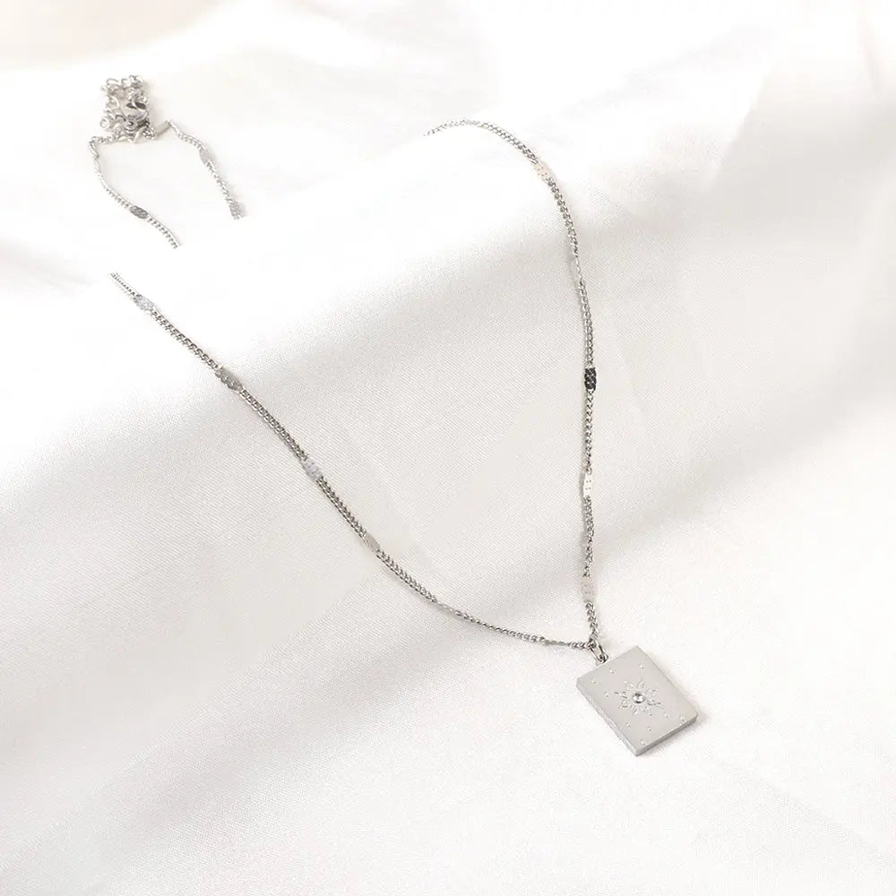 Stainless Steel Rectangle With Sun Pattern + Diamond Accessories Necklace asonjewelry
