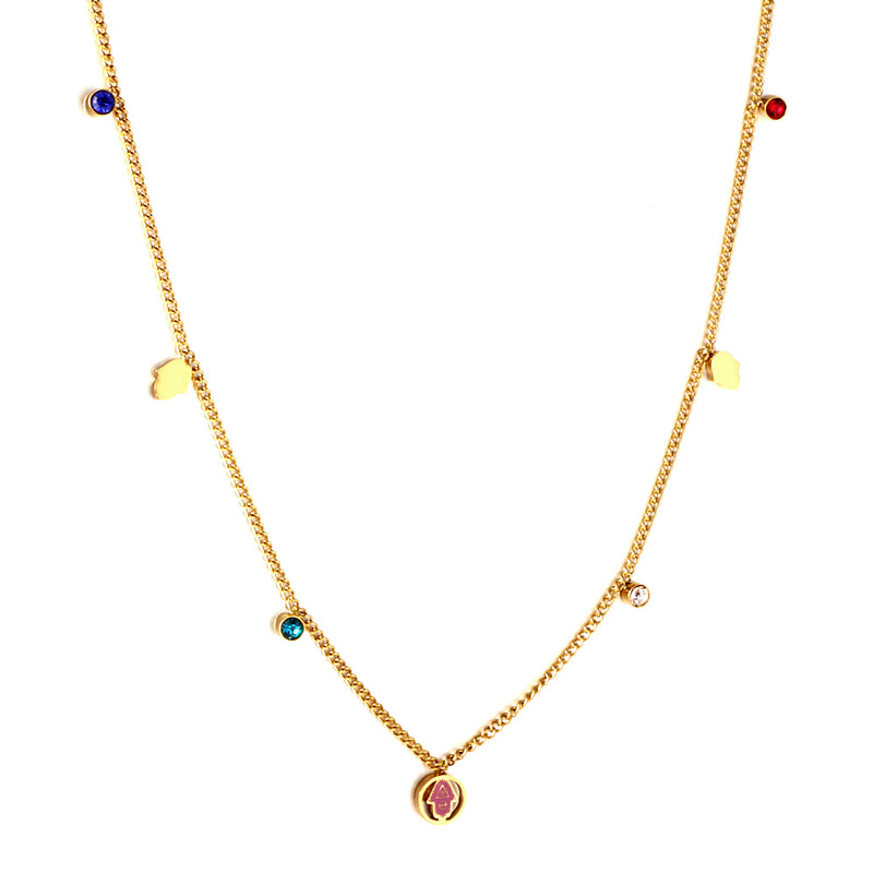 Stainless Steel 2 Palms + Round Hollow Purple Palm Accessories + 4 Mixed Color Diamonds Necklace