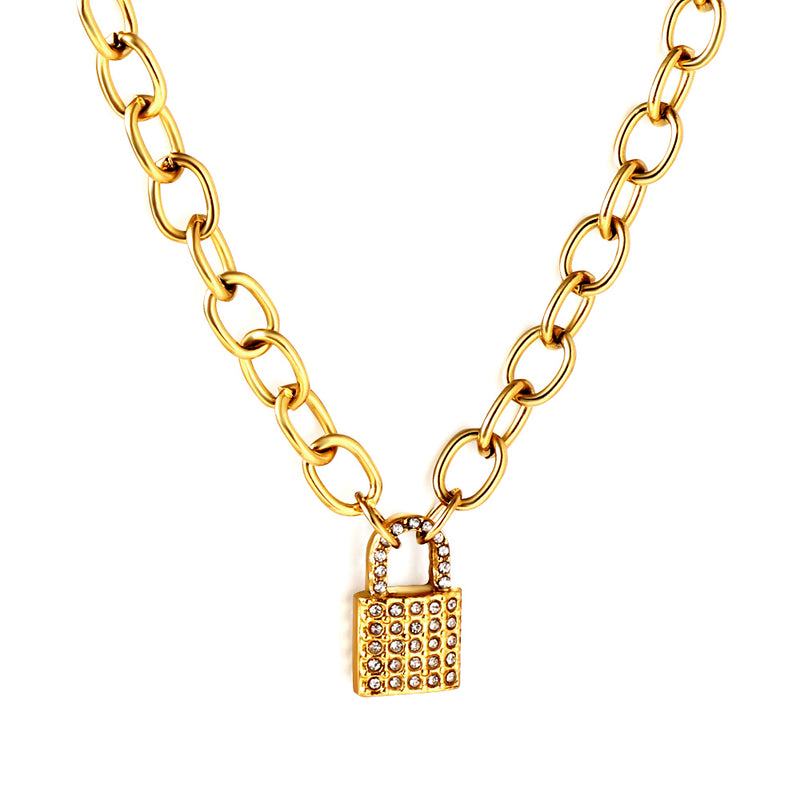 Stainless Steel Lock Accessory With Diamond Necklace