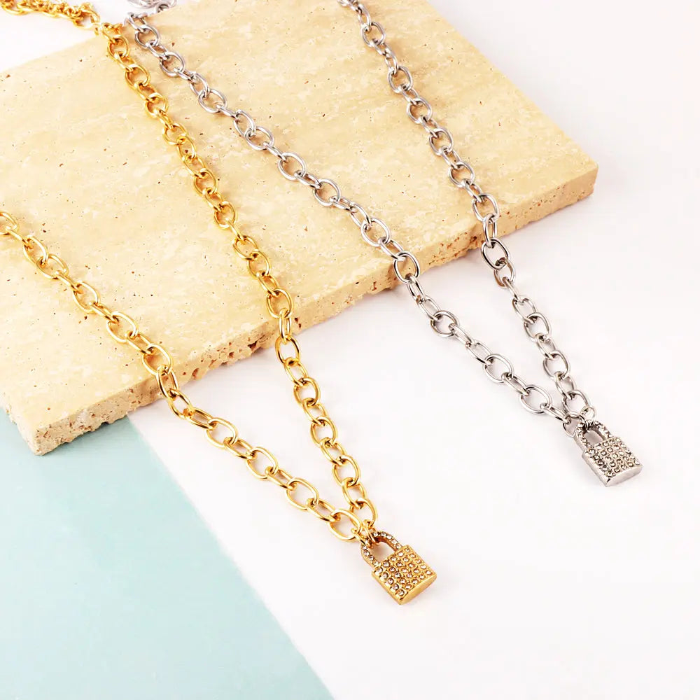 Stainless Steel Lock Accessory With Diamond Necklace asonjewelry