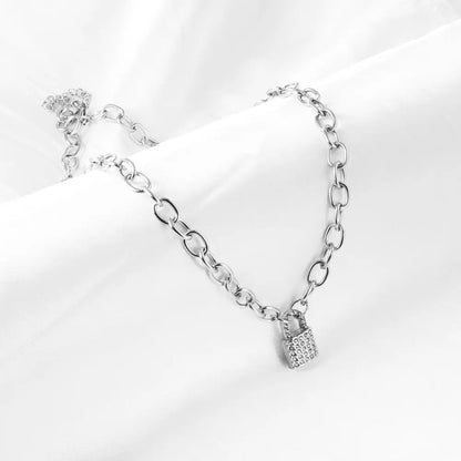 Stainless Steel Lock Accessory With Diamond Necklace asonjewelry