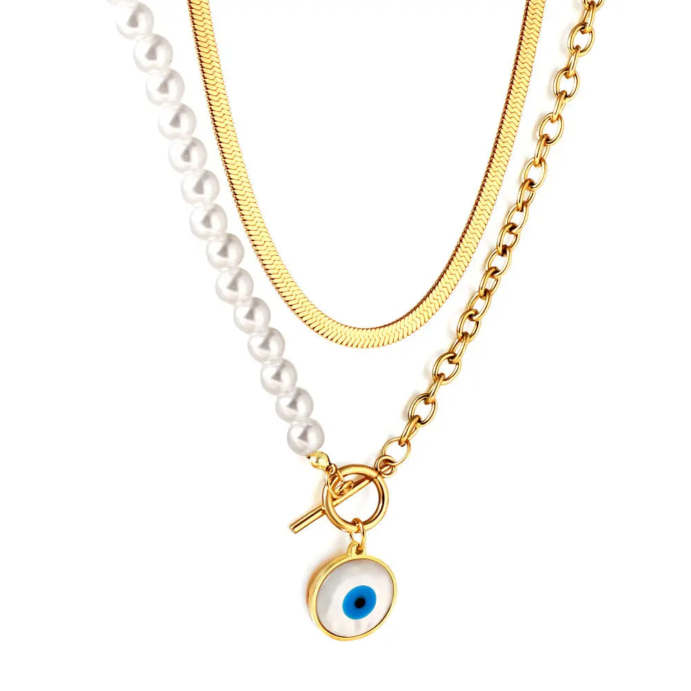 Stainless Steel Blue Eyes Round Accessories Half White Pearl Double Chain Necklace asonjewelry