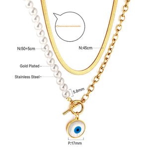 Stainless Steel Blue Eyes Round Accessories Half White Pearl Double Chain Necklace