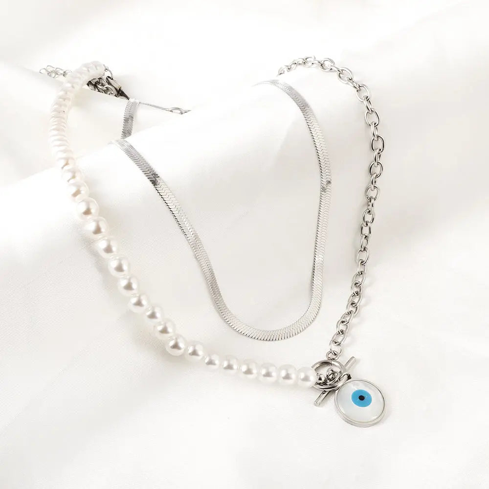 Stainless Steel Blue Eyes Round Accessories Half White Pearl Double Chain Necklace asonjewelry