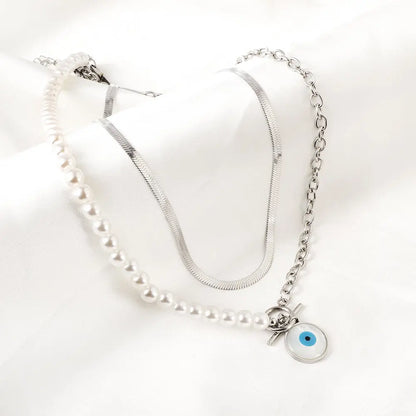 Stainless Steel Blue Eyes Round Accessories Half White Pearl Double Chain Necklace asonjewelry