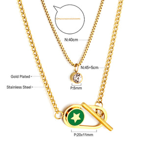 Stainless Steel Oval Hollow Round Green Drip Oil With Star + Chain With Diamond Double Chain Necklace
