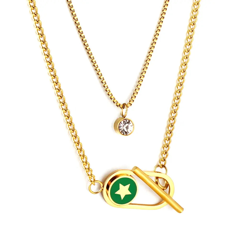 Stainless Steel Oval Hollow Round Green Drip Oil With Star + Chain With Diamond Double Chain Necklace asonjewelry