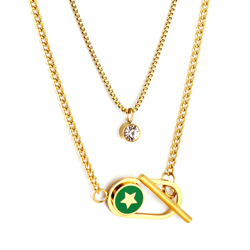 Stainless Steel Oval Hollow Round Green Drip Oil With Star + Chain With Diamond Double Chain Necklace