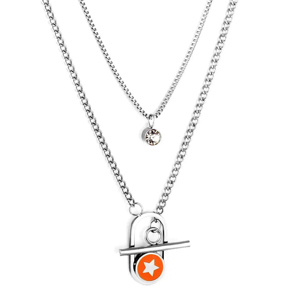 Stainless Steel Oval Hollow Round Orange Drip Oil With Star + Chain With Diamond Double Chain Necklace asonjewelry